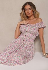 Różowa Sukienka z Bawełny Ozdobiona Guzikami i Bufiastymi Rękawami Zelliova. Czerwone sukienki damskie Renee, bez wzorów, z bawełny, eleganckie, bez ramiączek. W wyprzedaży za 38.49 zł.