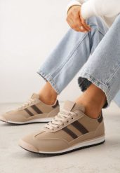 Beżowo-Brązowe Sneakersy z Geometrycznym Motywem Jannata. Brązowe obuwie sportowe damskie Born2be, z dresówki, bez zapięcia. Za 99.99 zł.