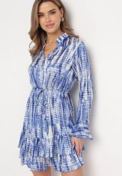 Niebieska Sukienka Mini Ozdobiona Falbankami i Akwarelowym Wzorem Panava. Niebieskie sukienki damskie Born2be, bez wzorów, bez ramiączek. W wyprzedaży za 135.99 zł.