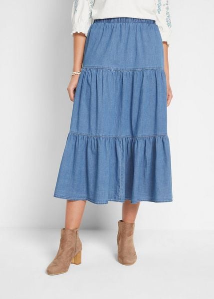 Spódnica dżinsowa z falban. Niebieskie spódnice damskie bonprix, bez wzorów. Za 149.99 zł.