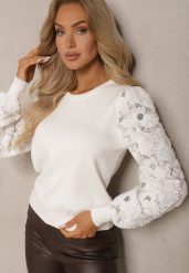 Biały Sweter z Wiskozą z Ozdobnymi Rękawami z Koronki z Cekinami Tilitana. Białe swetry klasyczne damskie Renee, z jeansu, bez kołnierzyka. Za 59.99 zł.