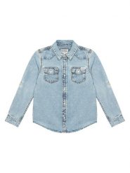 Guess Koszula jeansowa L6RH00 D4EU0 Niebieski Regular Fit. Niebieskie koszule chłopięce Guess, z aplikacjami, z jeansu, bez kołnierzyka, bez ramiączek. Za 239.99 zł.