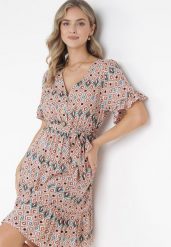 Jasnoróżowa Wiskozowa Sukienka Mini z Gumką i Materiałowym Paskiem w Pasie Upshaw. Czerwone sukienki damskie Born2be, bez wzorów, z materiału, bez ramiączek. Za 89.99 zł.