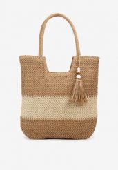 Ciemnobeżowa Torebka z Plecionki na Rączkach z Chwostami Livonia. Brązowe shopper bag Renee, bez wzorów, z materiału, bez dodatków. Za 74.99 zł.