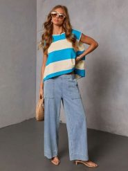 Milan Kiss Koszulka w kolorze błękitno-beżowym rozmiar: XL. Brązowe bluzki damskie Milan Kiss, xl, bez wzorów, bez kołnierzyka, bez ramiączek. Za 152.99 zł.