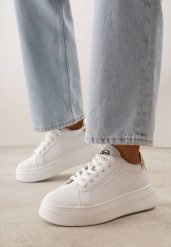 Biało-Złote Sneakersy VICES z Metaliczną Wstawką Perforacją i Gwiazdą Edanatia. Białe obuwie sportowe damskie Born2be, z jeansu, bez zapięcia. Za 99.99 zł.