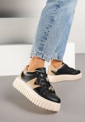 Czarne Sneakersy na Grubej Podeszwie z Metalicznymi Aplikacjami Elealenna. Czarne obuwie sportowe damskie Born2be, z jeansu, bez zapięcia. Za 109.99 zł.