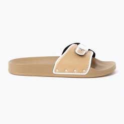 Klapki damskie Scholl Pescura Moon Pu Sp. Brązowe klapki damskie Scholl, bez wzorów, z elastanu, bez obcasa, bez zapięcia. Za 219.99 zł.