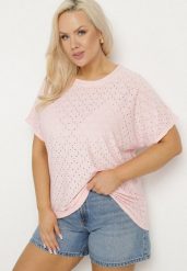 Różowy T-shirt z Bawełną i Ażurowym Wzorem Puzira. Czerwone t-shirty damskie Born2be, s, w ażurowe wzory, z bawełny, bez kołnierzyka. Za 34.99 zł.