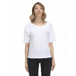 Damski T-shirt z dekoltem w kształcie litery V w kolorach ziemi. Białe t-shirty damskie LEONE 1947 APPAREL, l, bez wzorów, z tkaniny, bez kołnierzyka. W wyprzedaży za 92.45 zł.