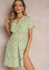 Jasnozielona Rozkloszowana Sukienka z Gumką w Pasie Heffah. Zielone sukienki damskie Renee, bez wzorów, bez ramiączek. Za 34.99 zł.