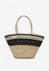 Czarno-Beżowa Torebka z Plecionki Ozdobiona Ażurowym Paskiem Belpia. Czarne shopper bag Renee, z jeansu, bez dodatków. Za 99.99 zł.