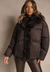 Brązowa Oversizowa Kurtka z Pikowanymi Przeszyciami i Futrem Silvitila. Brązowe kurtki damskie Renee, l, bez wzorów, z dzianiny, bez kaptura. Za 279.99 zł.