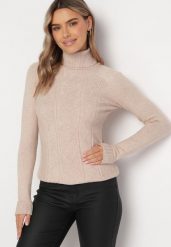Beżowy Golf z Warkoczykowym Splotem Amorea. Brązowe golfy damskie Born2be, l, bez wzorów, z dzianiny, bez ramiączek. Za 54.99 zł.