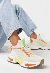 Beżowe Sneakersy ze Skarpetkową Cholewką i Grubą Podeszwą Lekkra. Brązowe obuwie sportowe damskie Born2be, bez zapięcia, na fitness i siłownię. Za 109.99 zł.