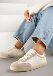 Beżowe Skórzane Sneakersy Ozdobione Perforacją Tulozi. Brązowe obuwie sportowe damskie Renee, z jeansu, bez zapięcia. Za 129.99 zł.