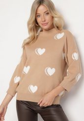 Ciemnobeżowy Sweter z Modalem i Wiskozą w Serca Zeanita. Brązowe swetry klasyczne damskie Born2be, m, z jeansu, bez kołnierzyka. Za 109.99 zł.