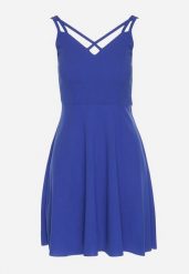 Niebieska Rozkloszowana Sukienka z Ozdobnymi Paskami Redaina. Niebieskie sukienki damskie Born2be, bez wzorów, eleganckie, bez ramiączek. Za 69.99 zł.