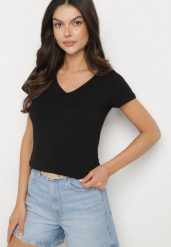 Czarny T-shirt z Bawełny o Prostym Kroju z Dekoltem w Serek Fevireena. Czarne t-shirty damskie Born2be, l, bez wzorów, z bawełny, bez kołnierzyka. Za 39.99 zł.
