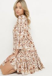 Brązowa Rozkloszowana Sukienka z Wiskozą w Ornamentalny Wzór Ravapia. Brązowe sukienki damskie Born2be, bez wzorów, z bawełny, bez ramiączek. Za 139.99 zł.