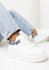 Biało-Niebieskie Sneakersy na Grubej Podeszwie z Naszywką Chonris. Białe obuwie sportowe damskie Born2be, bez zapięcia. Za 64.99 zł.
