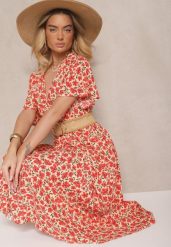 Jasnobeżowa Sukienka Rozkloszowana o Kopertowym Kroju w Kwiatowy Print Borriz. Brązowe sukienki damskie Renee, bez wzorów, eleganckie, bez ramiączek. W wyprzedaży za 55.99 zł.