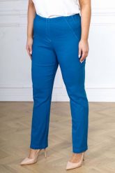 Spodnie Nilda z prostą nogawką INDYGO wysoki stan PLUS SIZE XXL. Niebieskie spodnie materiałowe damskie Nasi partnerzy, bez wzorów, z elastanu, krótkie. Za 159.90 zł.