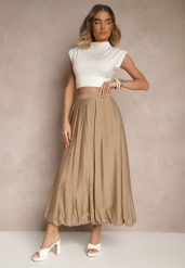 Beżowa Spódnica Bombka z Wiskozą o Rozkloszowanym Kroju z Zakładkami Redasira. Brązowe spódnice damskie Renee, na co dzień, l, bez wzorów, z wiskozy, eleganckie, maxi. Za 99.99 zł.