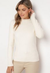 Jasnobeżowy Sweter z Wiskozą i Golfem z Elastycznego Prążkowanego Materiału Nikiella. Brązowe golfy damskie Born2be, z materiału, bez kołnierzyka. Za 84.99 zł.