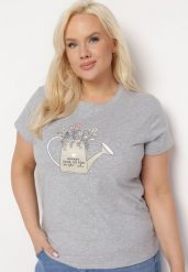 Szary Bawełniany T-shirt z Ozdobnym Nadrukiem Littana. Szare t-shirty damskie Born2be, l, bez wzorów, z bawełny, bez kołnierzyka. Za 34.99 zł.