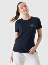 4F T-shirt slim z nadrukiem damski - granatowy XS. Niebieskie t-shirty damskie 4F, xs, bez wzorów, z bawełny, bez kołnierzyka. W wyprzedaży za 29.99 zł.