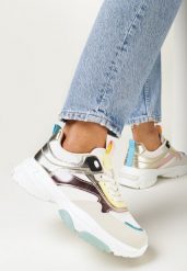 Biało-Złote Sneakersy na Grubej Podeszwie z Metalicznymi Wstawkami Hannan. Żółte obuwie sportowe damskie Born2be, bez zapięcia. Za 119.99 zł.
