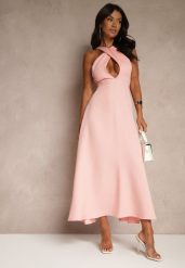 Różowa Koktajlowa Sukienka z Wiskozą i Dekoltem Halter Dolmanna. Czerwone sukienki damskie Renee, bez wzorów, z wiskozy, eleganckie, bez ramiączek. W wyprzedaży za 87.99 zł.