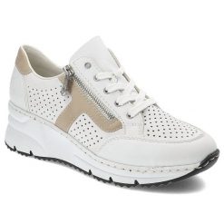 Białe Sneakersy Rieker Modne Buty Damskie. Białe obuwie sportowe damskie Rieker, na wiosnę, ze skóry, bez zapięcia. Za 369.00 zł.