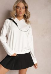 Biała Asymetryczna Bluza z Bawełny z Kapturem i Ozdobnym Suwakiem Lueur. Białe bluzy damskie Renee, bez wzorów, z bawełny, z kapturem. Za 79.99 zł.