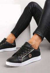 Czarne Sneakersy z Imitacji Skóry z Naszywką i Ozdobnymi Przeszyciami Variantia. Czarne obuwie sportowe damskie Renee, ze skóry, bez zapięcia. Za 79.99 zł.
