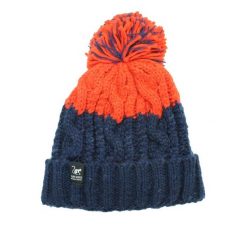 Czapka pomponem –rozmiar uniwersalny –podszewka –unisex (granatowo-pomarańczowa). Niebieskie czapki damskie SURF MONKEY, bez wzorów, z materiału. Za 179.95 zł.