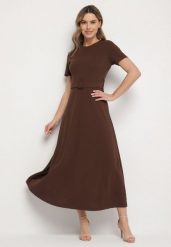 Brązowa Rozkloszowana Sukienka Ozdobiona Paskiem Desianna. Brązowe sukienki damskie Born2be, bez wzorów, eleganckie, bez ramiączek. W wyprzedaży za 93.49 zł.