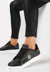 Czarne Sznurowane Sneakersy na Płaskiej Podeszwie z Ekoskóry Ozdobnymi Wstawkami Armande. Czarne obuwie sportowe damskie Born2be, bez zapięcia. Za 89.99 zł.