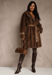 Brązowy Płaszcz Futerko z Paskiem z Imitacji Skóry i Klamrami przy Mankietach Charysha. Brązowe płaszcze damskie Renee, l, bez wzorów, z futra, bez kaptura. Za 339.99 zł.