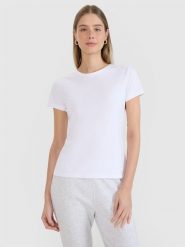 4F T-shirt slim z nadrukiem damski - biały L. Białe t-shirty damskie 4F, l, bez wzorów, z bawełny, bez kołnierzyka. Za 49.99 zł.