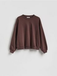 Gładka bluza z bawełną - ciemnobrązowy. Brązowe bluzy damskie Reserved, l, bez wzorów, z bawełny, bez kaptura. Za 89.99 zł.