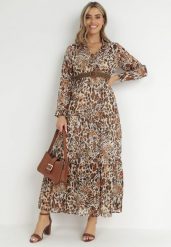 Brązowo-Beżowa Sukienka Z Paskiem Phaenala. Brązowe sukienki damskie Born2be, bez wzorów, z zamszu, klasyczne, bez ramiączek. Za 149.99 zł.