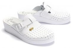 SANITAL FLEX 708 white, klapki profilaktyczne damskie. Białe klapki damskie Sanital-Flex, bez wzorów, ze skóry, bez obcasa, bez zapięcia. Za 119.90 zł.
