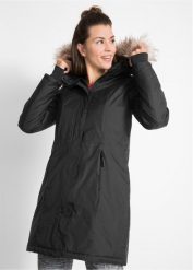 Ciepły płaszcz funkcjonalny outdoorowy ze sztucznym futerkiem. Czarne płaszcze damskie bonprix, s, bez wzorów, z futra. Za 359.99 zł.