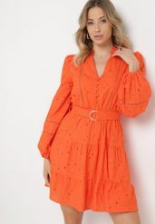 Pomarańczowa Haftowana Sukienka z Bawełny Zapinana przy Dekolcie na Guziki z Gumką w Pasie i Paskiem Passema. Brązowe sukienki damskie Born2be, bez wzorów, z bawełny, eleganckie, bez ramiączek. Za 199.99 zł.