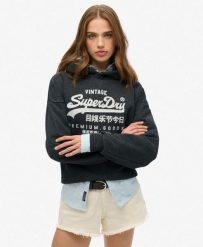 Luźna bluza z kapturem metalicznym Vl. Czarne bluzy damskie Superdry, m, bez wzorów, z bawełny, z kapturem. Za 297.70 zł.