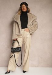 Beżowe Szerokie Spodnie High Waist z Imitacji Skóry Enawinn. Brązowe spodnie materiałowe damskie Renee, bez wzorów, z jeansu. Za 79.99 zł.