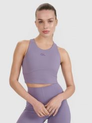 4F Crop top treningowy z wycięciem na plecach 4F x Anna Lewandowska - fioletowy XL. Fioletowe koszulki sportowe damskie 4F, uniwersalny, bez wzorów, z dzianiny, bez ramiączek, na fitness i siłownię. Za 99.99 zł.
