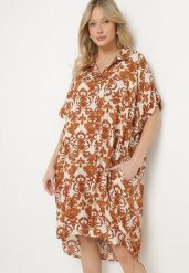 Brązowa Pudełkowa Sukienka Koszulowa z Wiskozy w Ornamentalny Print Vanisse. Brązowe sukienki damskie Born2be, bez wzorów, z wiskozy, bez ramiączek. Za 89.99 zł.